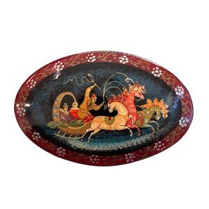 Vintage Russian Black Lacquer Brooch Pin Mstera Troika Horses R. Koin Signed